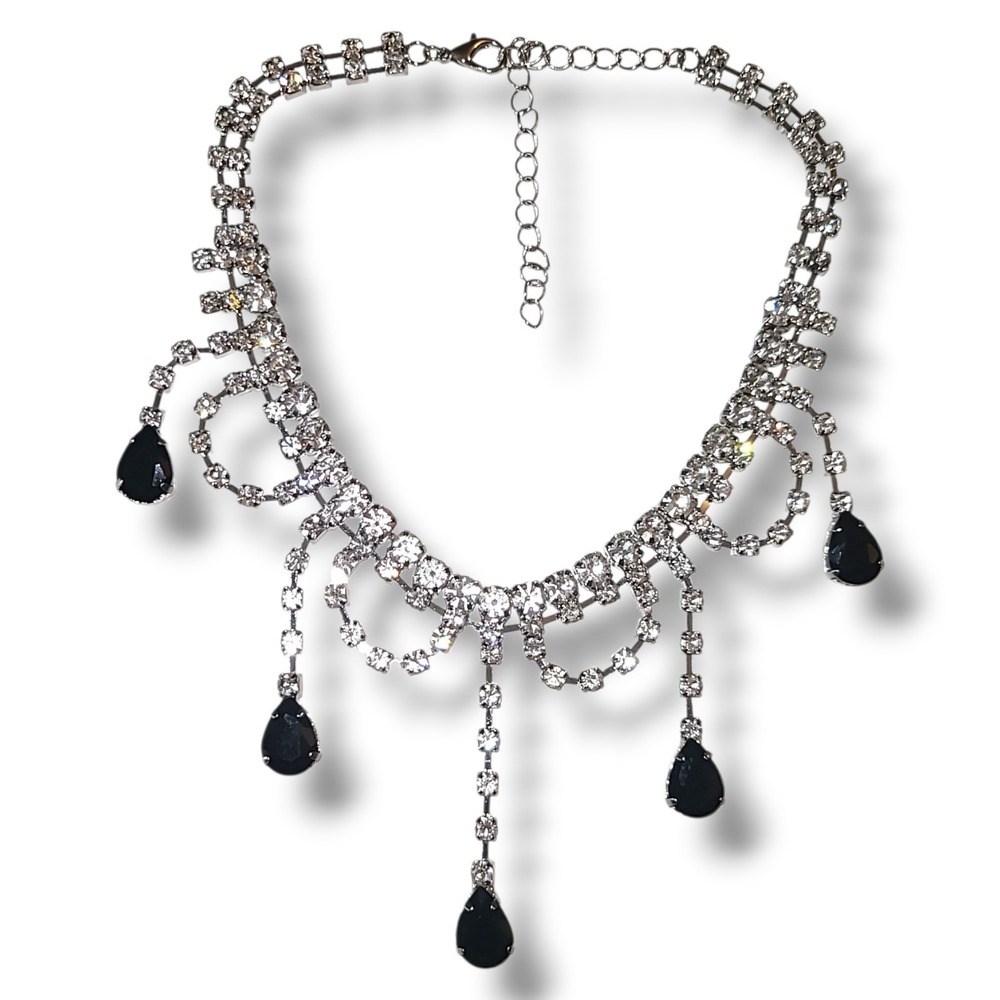 Vintage‎ Black Rhinestone Festoon Choker Necklace Silver Tone Goth Prom 16"